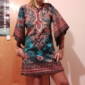 Vieng Ping Tribal Patterned Bell Sleeve Dress *M